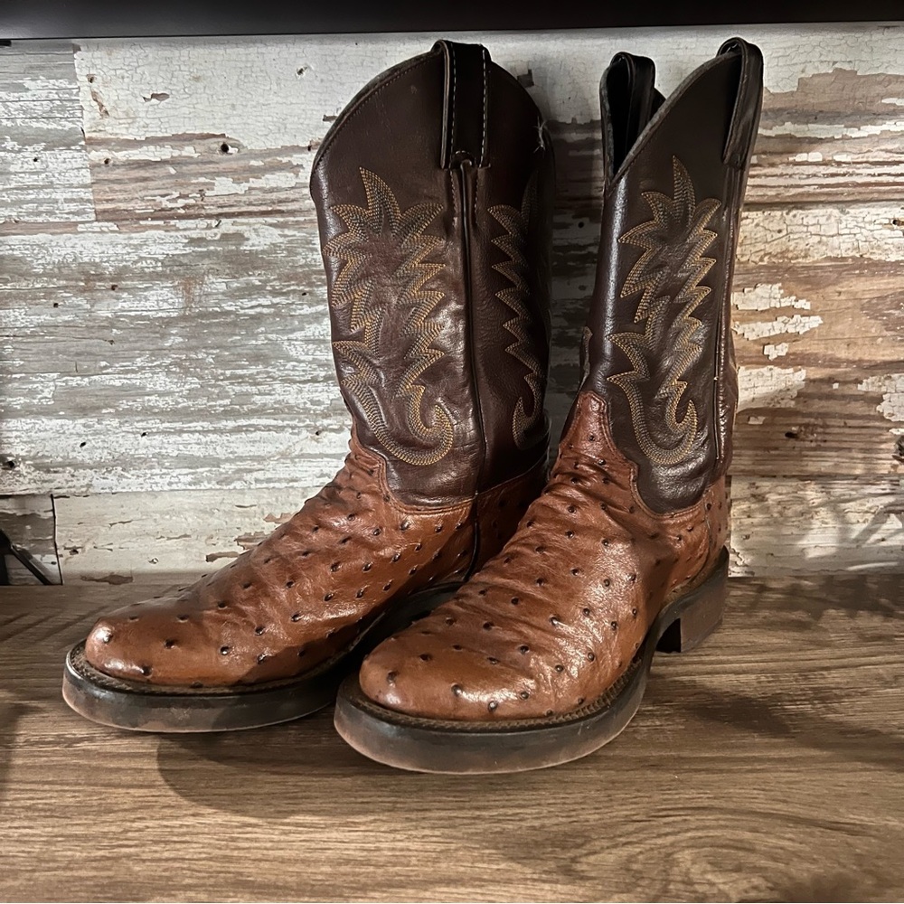 JUSTIN Full Quill Ostrich Boots Brown Tekno Crepe Sole USA
